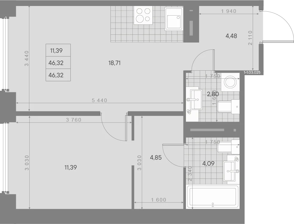 Планировка 1-комнатная 46,3 м² в квартале «Avant» — Квартал «Avant»