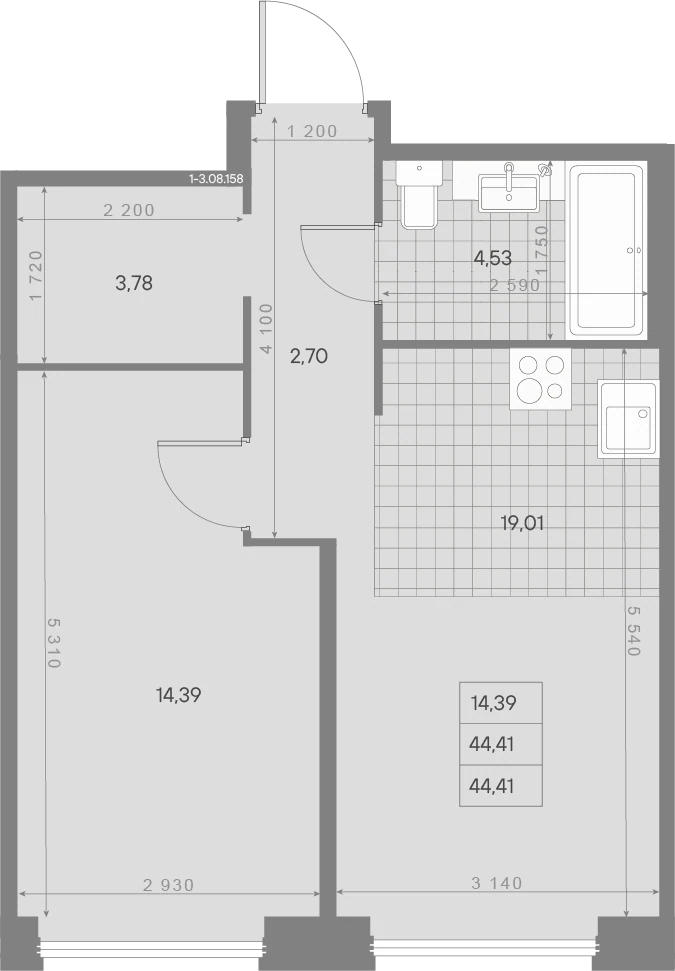 Планировка 1-комнатная 44,4 м² в квартале «Avant» — Квартал «Avant»