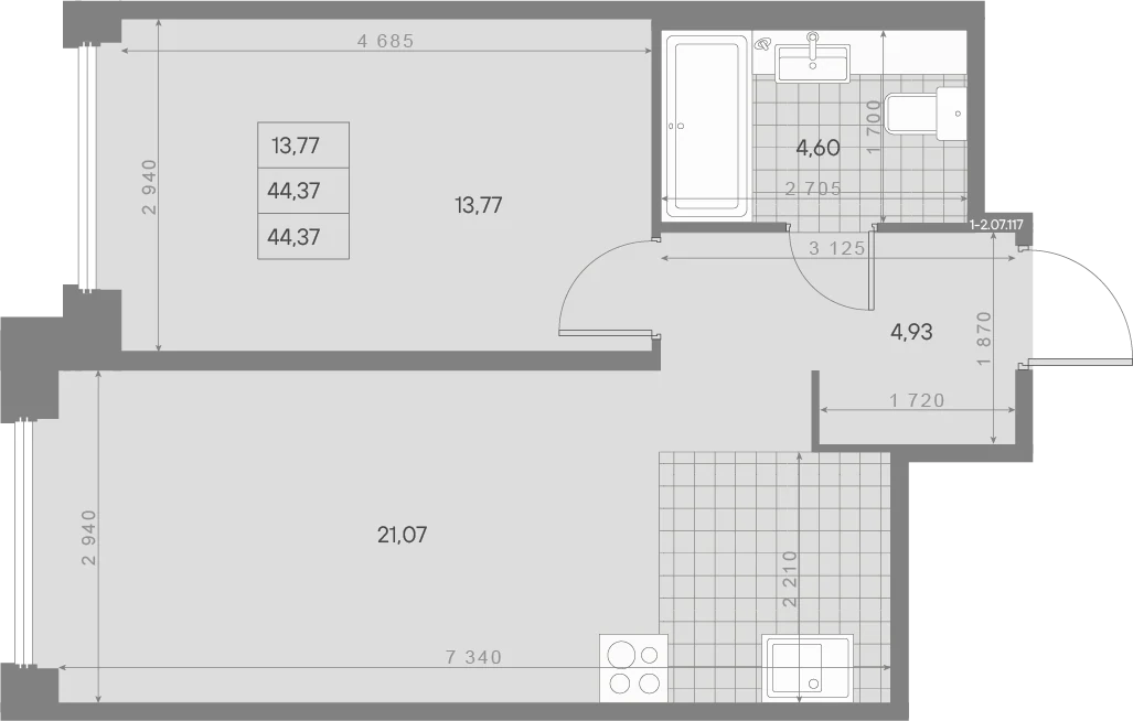 Планировка 1-комнатная 44,4 м² в квартале «Avant» — Квартал «Avant»