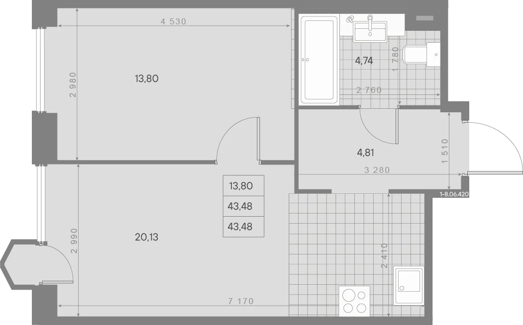 Планировка 1-комнатная 43,5 м² в квартале «Avant» — Квартал «Avant»