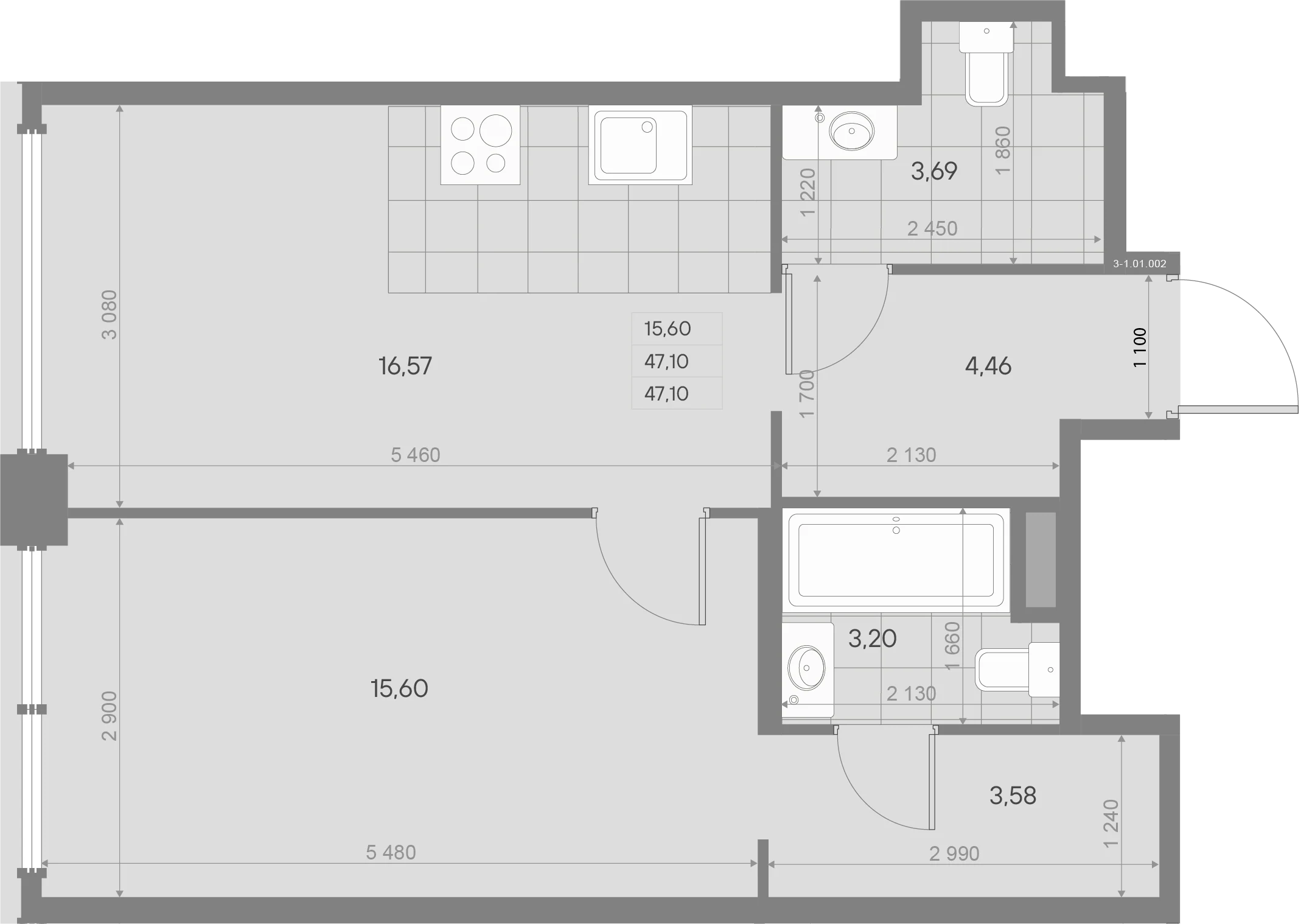 Планировка 1-комнатная 46,4 м² в квартале «Avant» — Квартал «Avant»