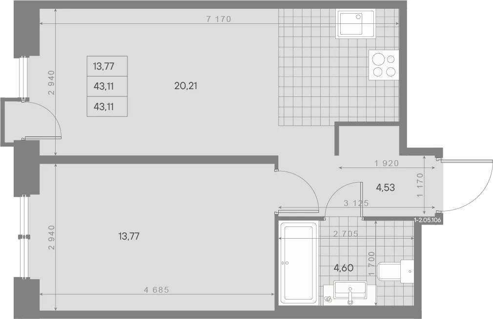 Планировка 1-комнатная 43,1 м² в квартале «Avant» — Квартал «Avant»