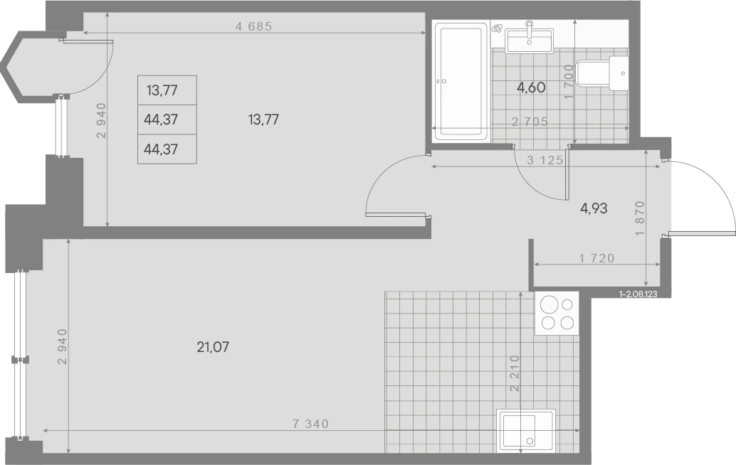 Планировка 1-комнатная 44,4 м² в квартале «Avant» — Квартал «Avant»
