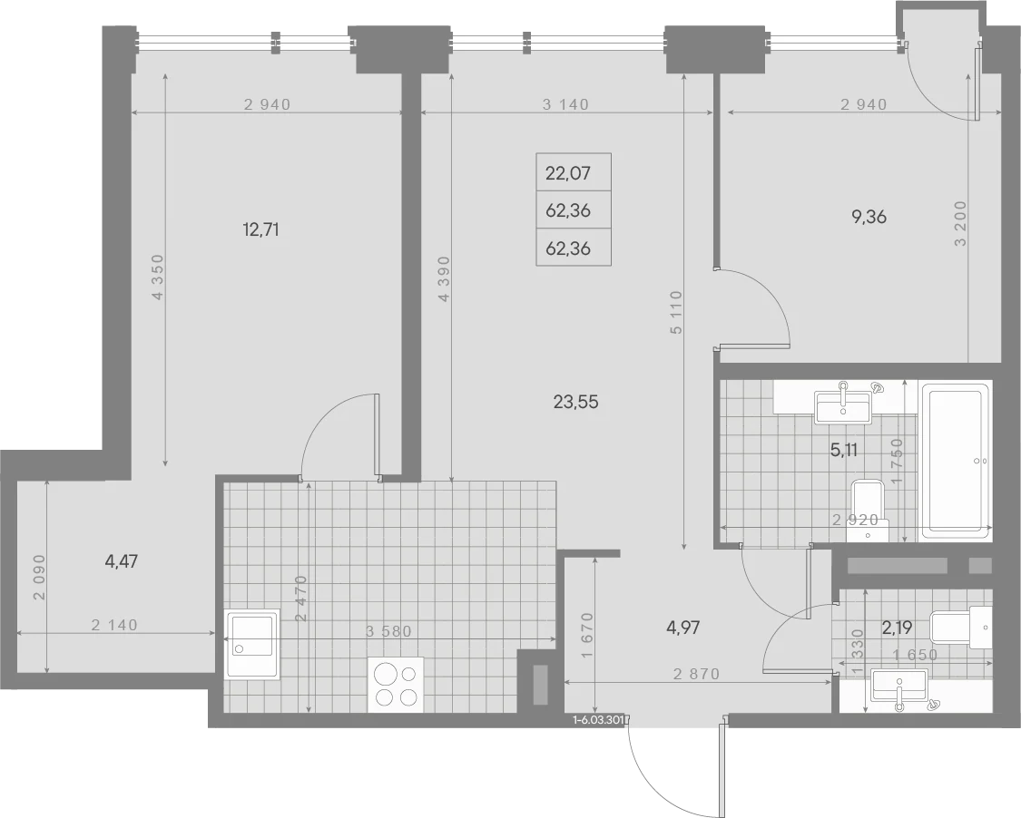Планировка 2-комнатная 62,4 м² в квартале «Avant» — Квартал «Avant»