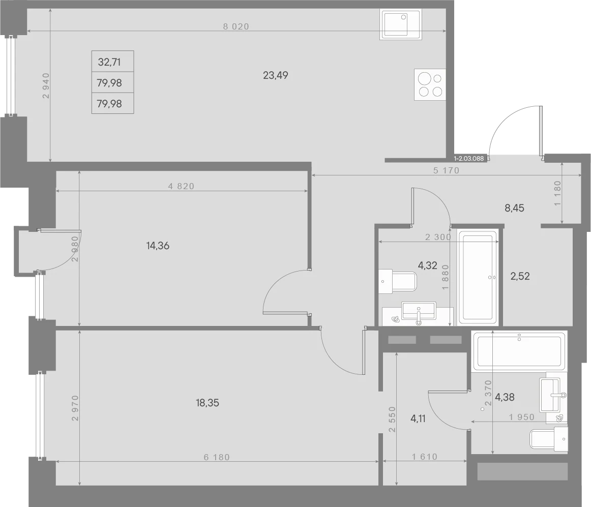 Планировка 2-комнатная 80 м² в квартале «Avant» — Квартал «Avant»