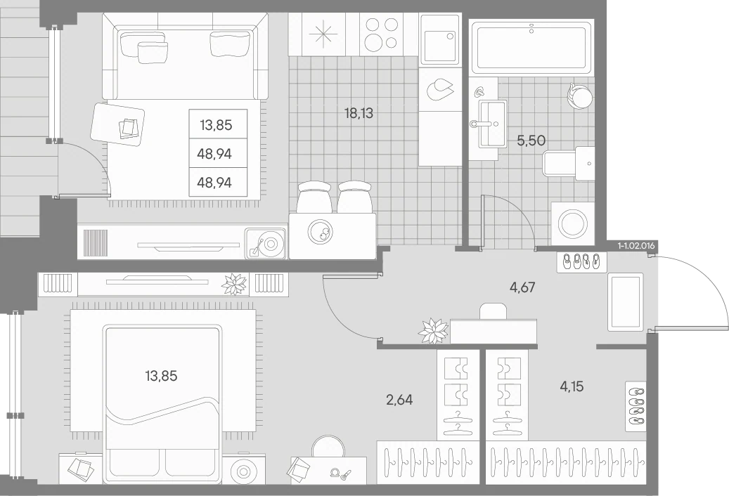Планировка 1-комнатная 48,9 м² в квартале «Avant» — Квартал «Avant»