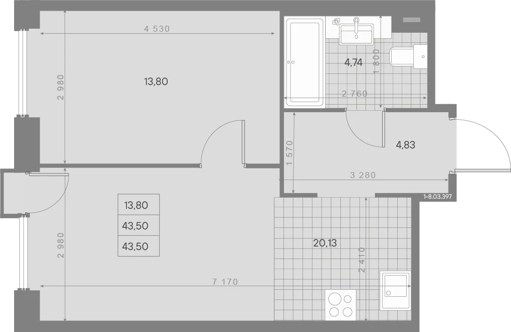 Планировка 1-комнатная 43,5 м² в квартале «Avant» — Квартал «Avant»