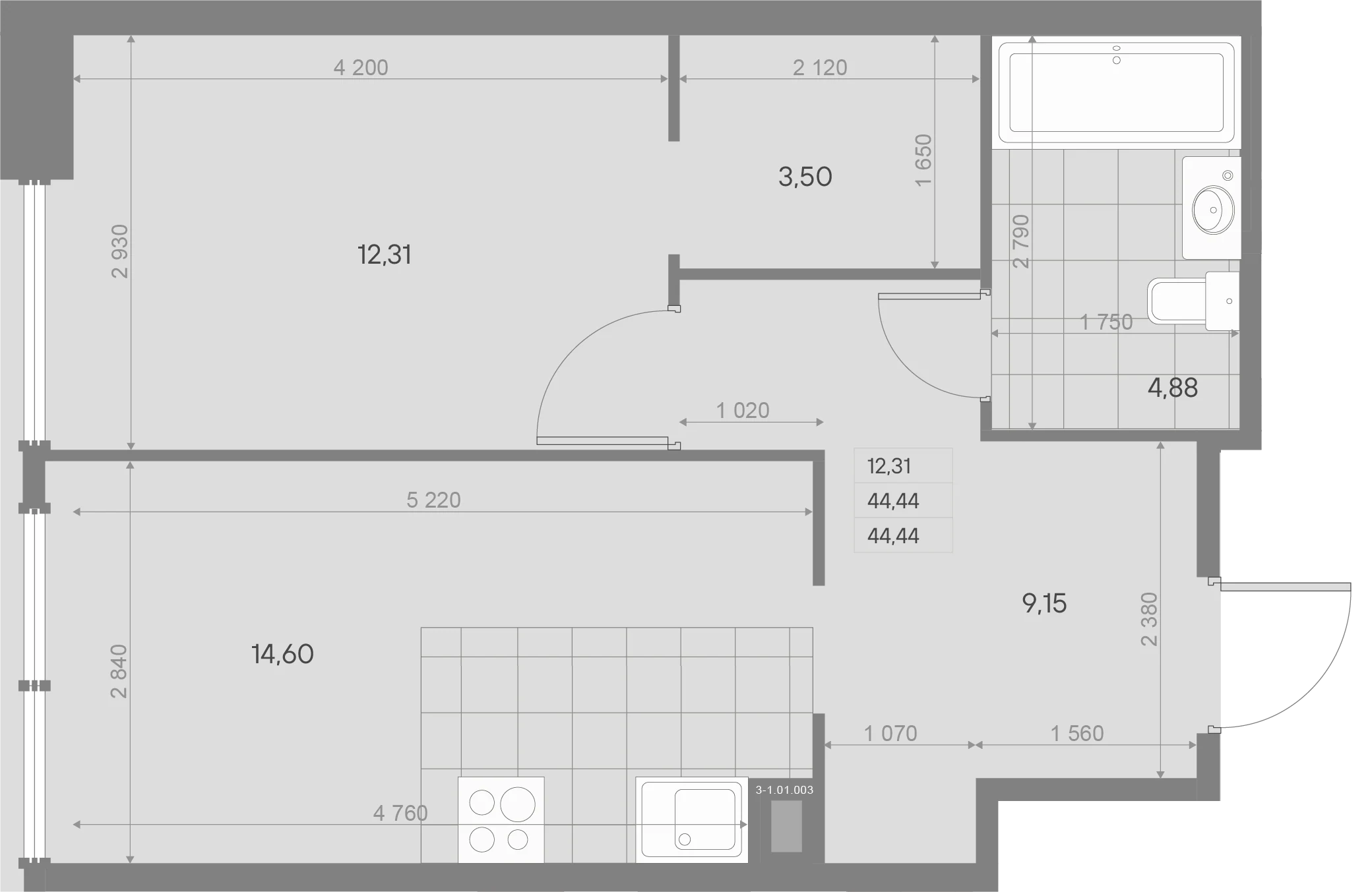 Планировка 1-комнатная 44,2 м² в квартале «Avant» — Квартал «Avant»