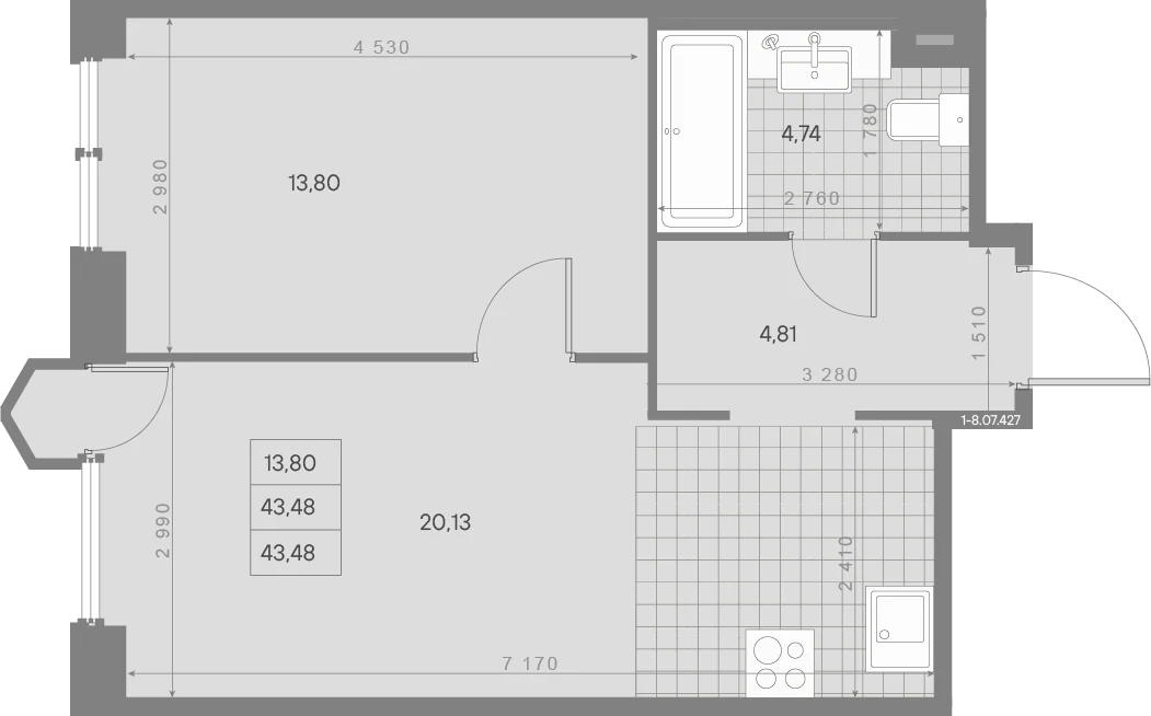 Планировка 1-комнатная 43,5 м² в квартале «Avant» — Квартал «Avant»