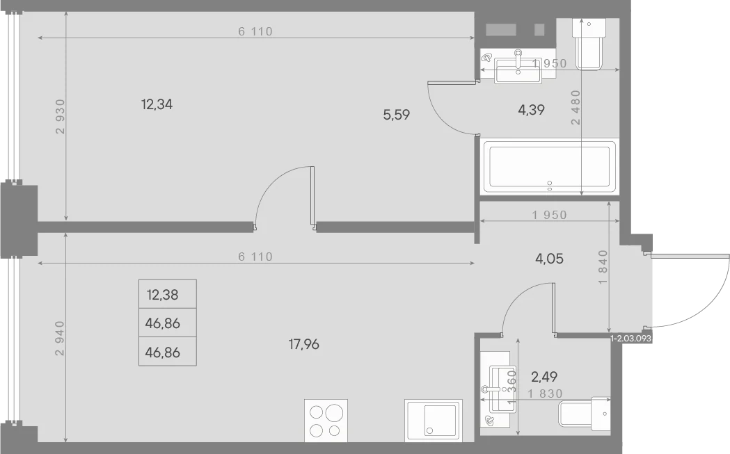 Планировка 1-комнатная 46,9 м² в квартале «Avant» — Квартал «Avant»