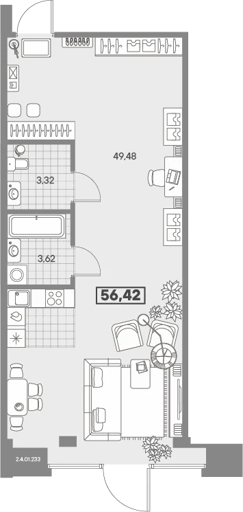 Планировка 1-комнатная 56,4 м² в квартале «Avant» — Квартал «Avant»