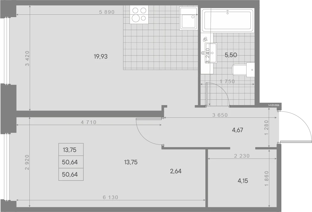 Планировка 1-комнатная 50,6 м² в квартале «Avant» — Квартал «Avant»